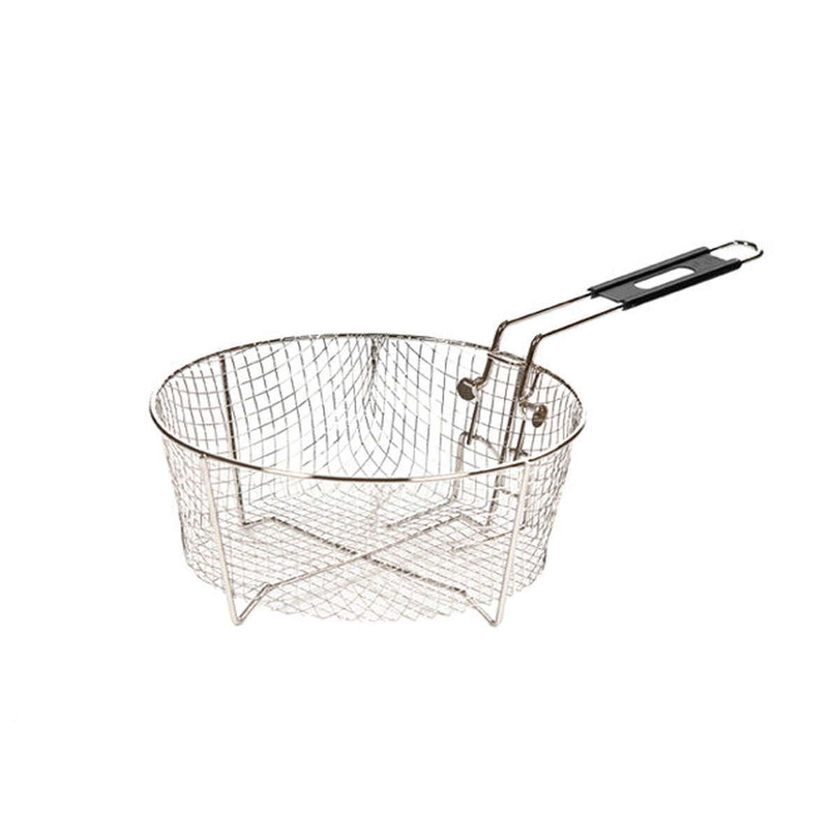 Lodge deep fry basket showing nickel-plated steel mesh construction and folding handle on white background