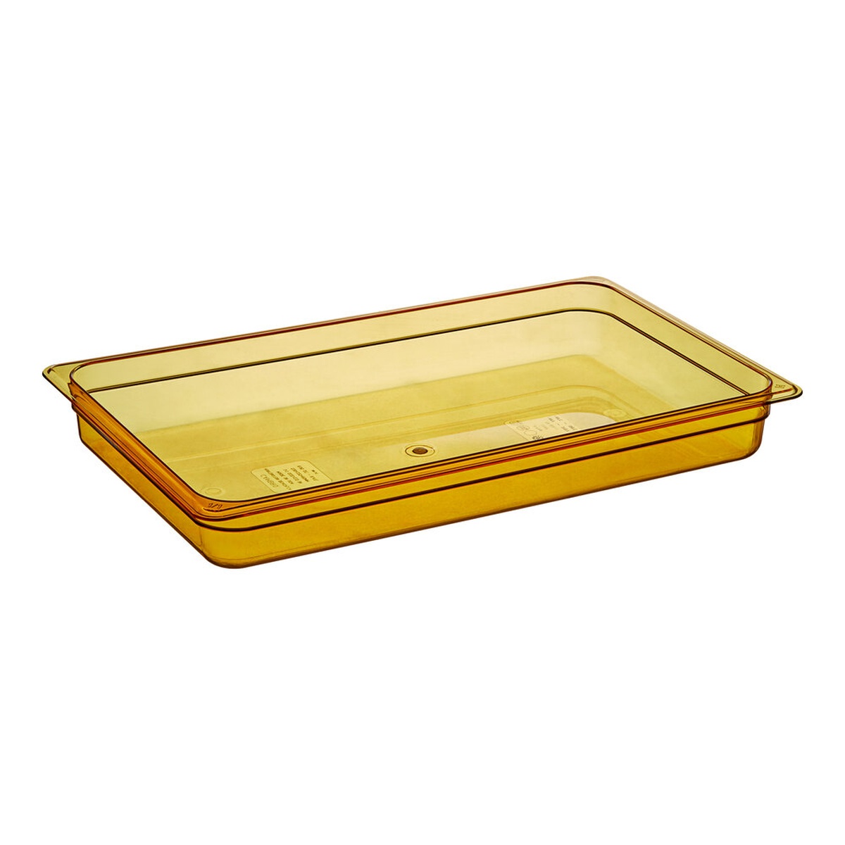 Cambro 12HP150 full-size amber high-heat plastic food pan, 2-1/2 inch deep, translucent amber color on white background