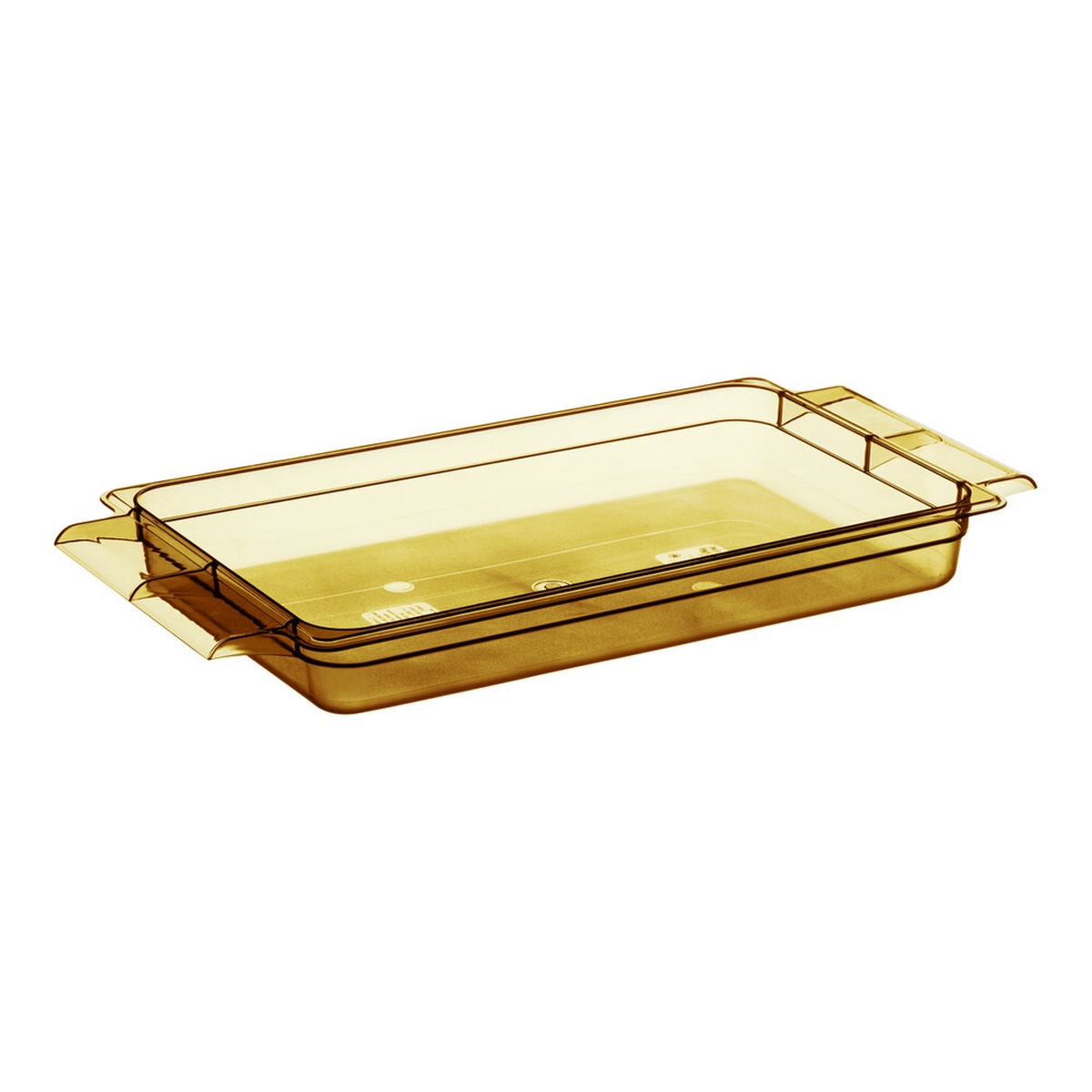 Cambro 12HPH150 amber translucent full-size high-heat food pan with dual side handles on white background