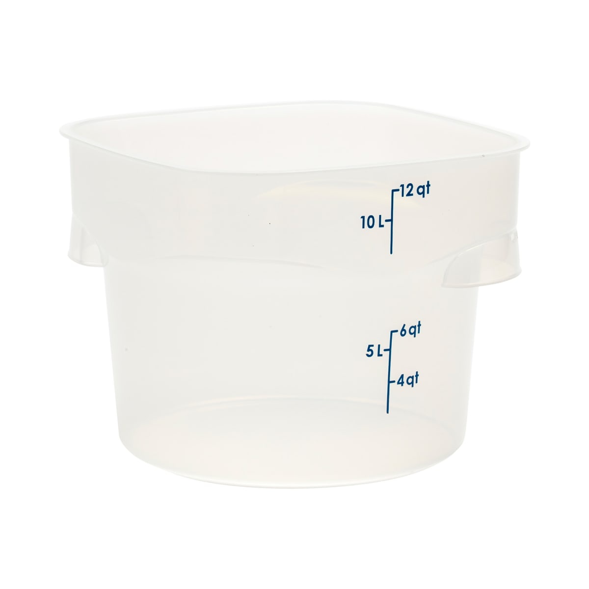 Cambro 12RFSPROPP190 translucent 12-quart round food storage container with blue graduation markings and molded handles