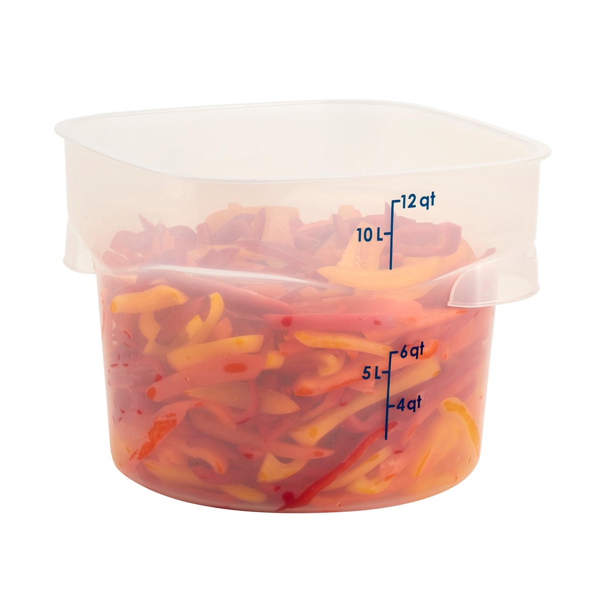 Cambro 12-quart round food storage container filled with sliced mixed peppers, showing translucent body and blue graduation marks