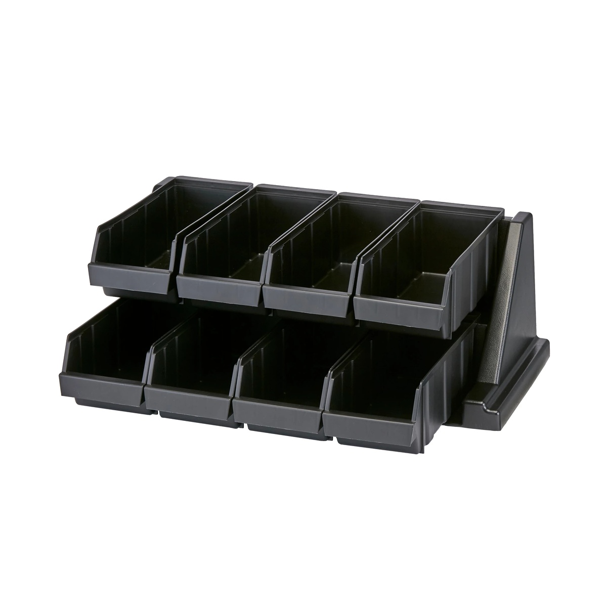 Empty Cambro Versa black 8-bin organizer rack showing bin and rack structure