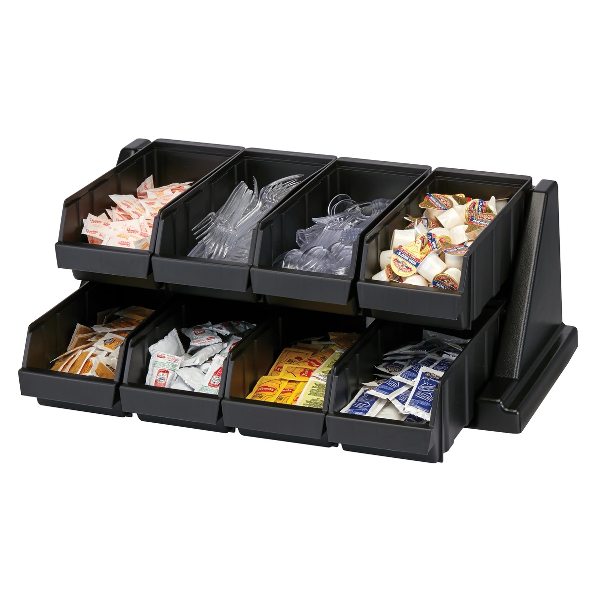 Cambro Versa black 12-bin organizer rack filled with condiment packets, plastic utensils, and coffee creamers