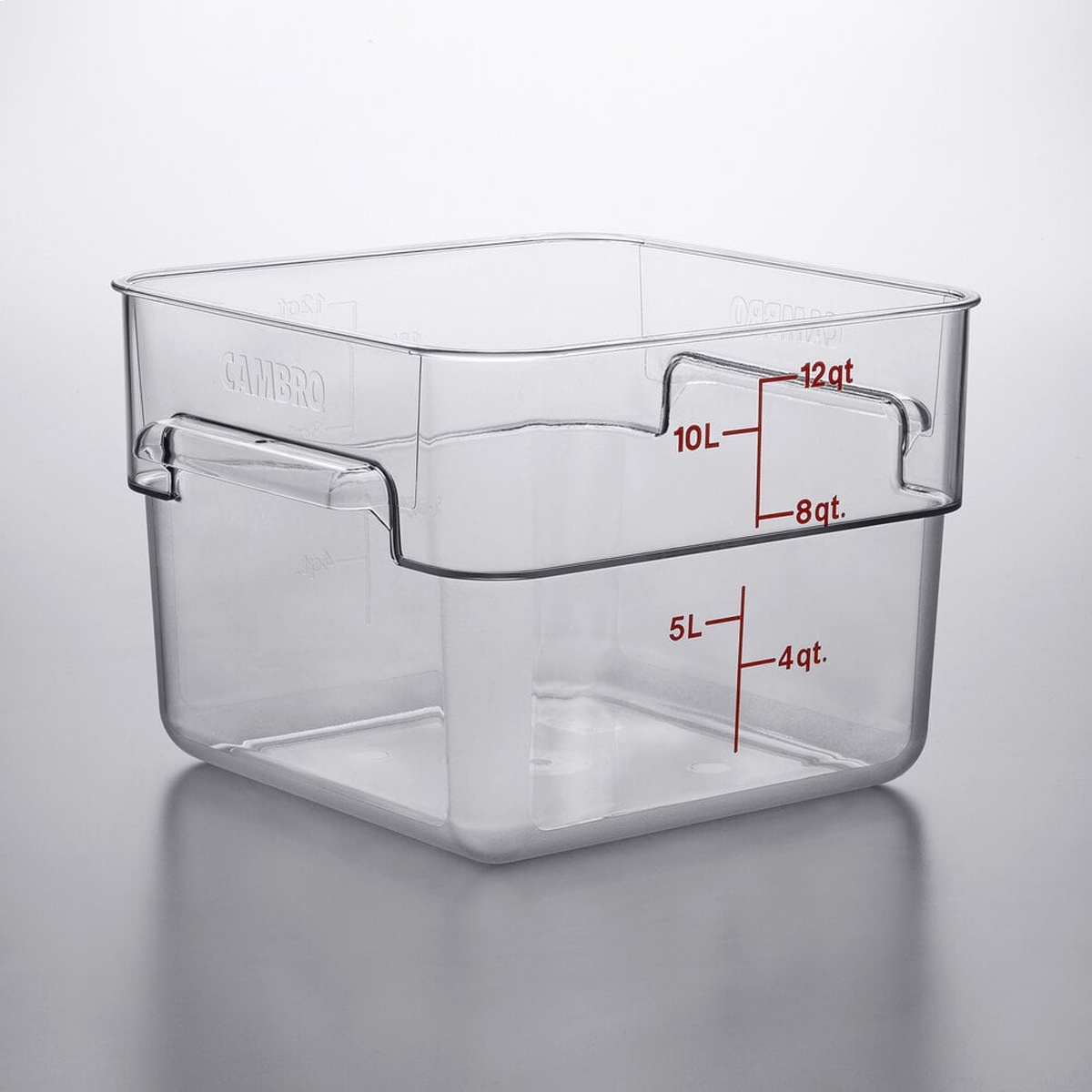 Cambro 12SFSCW135 clear square polycarbonate food storage container showing red quart and liter graduation markings