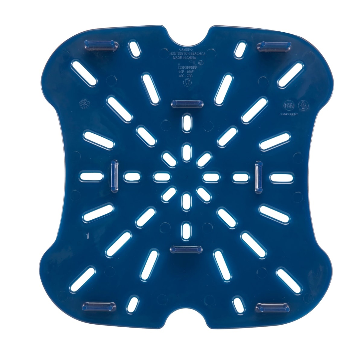 Cambro 12SFSFPDPP267 translucent blue drain shelf top view showing drainage hole pattern and raised pegs