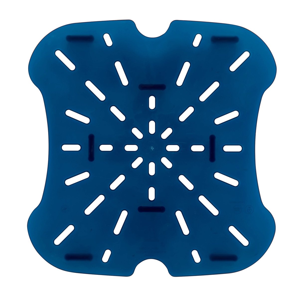 Cambro 12SFSFPDPP267 translucent blue drain shelf underside view displaying peg structure and slot drainage pattern