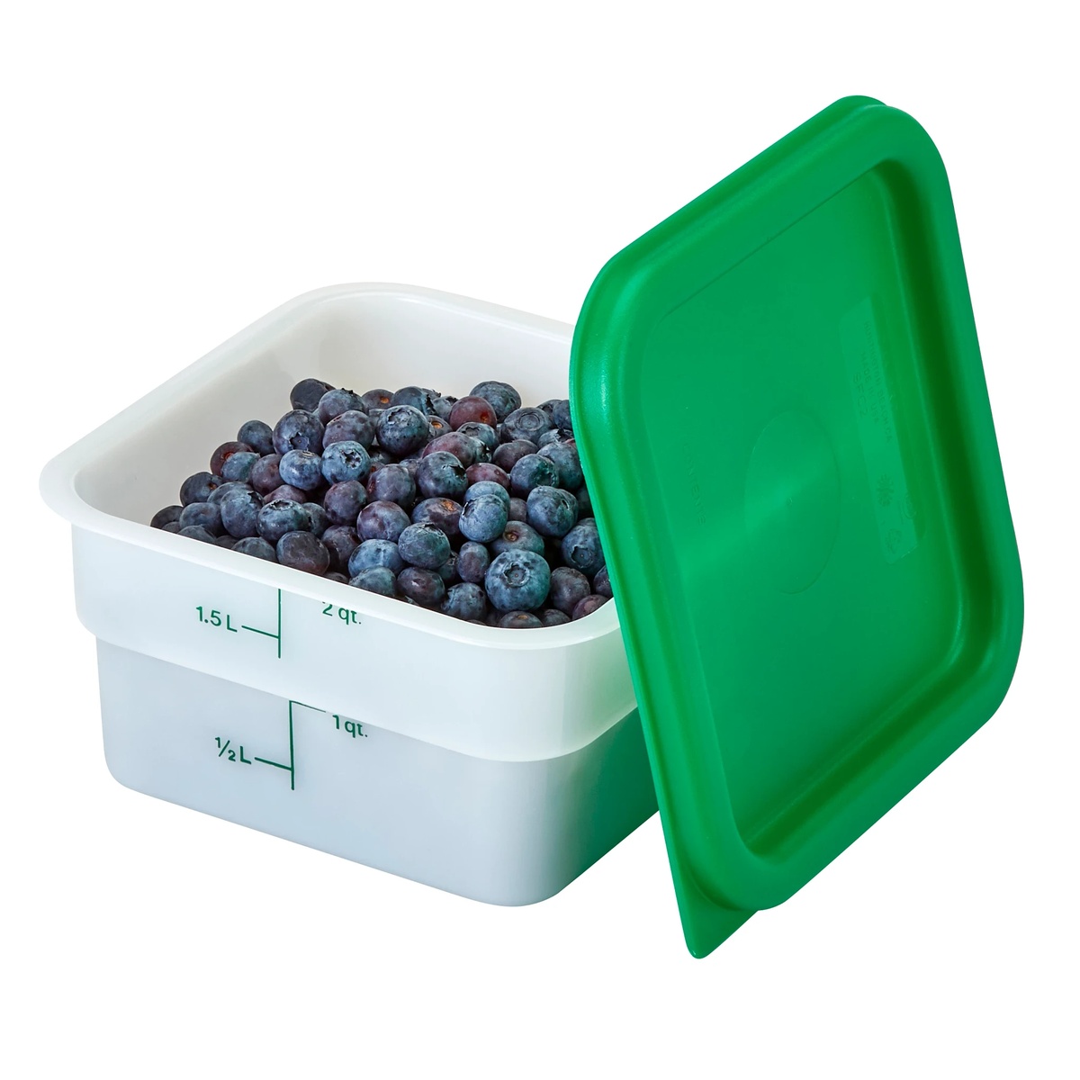 Square food storage container filled with blueberries next to a matching lid