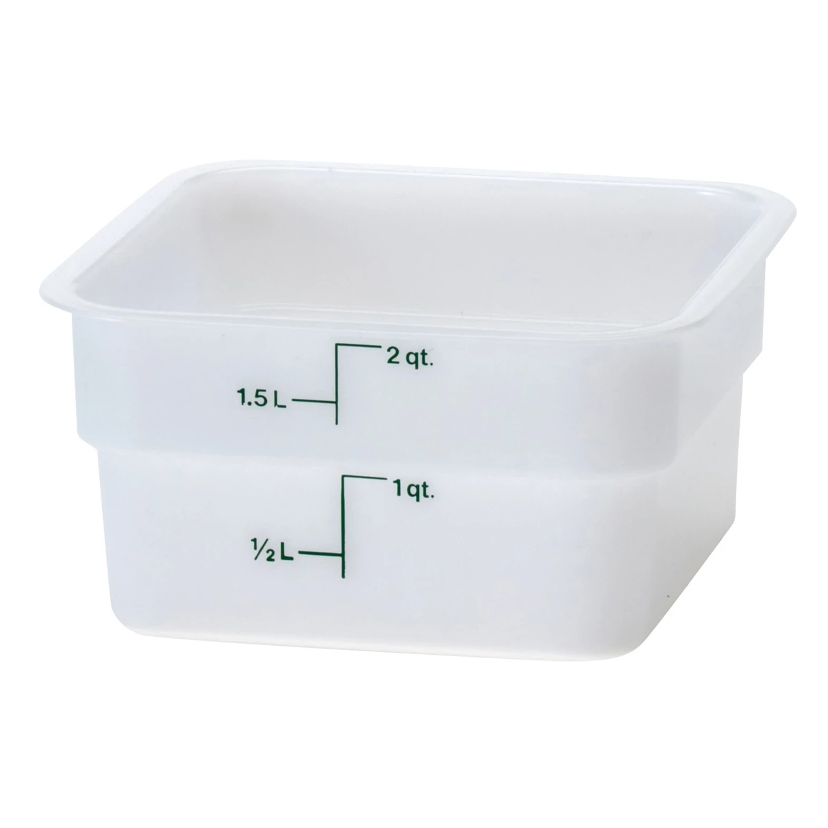 Square food storage container showing printed quart and liter graduations