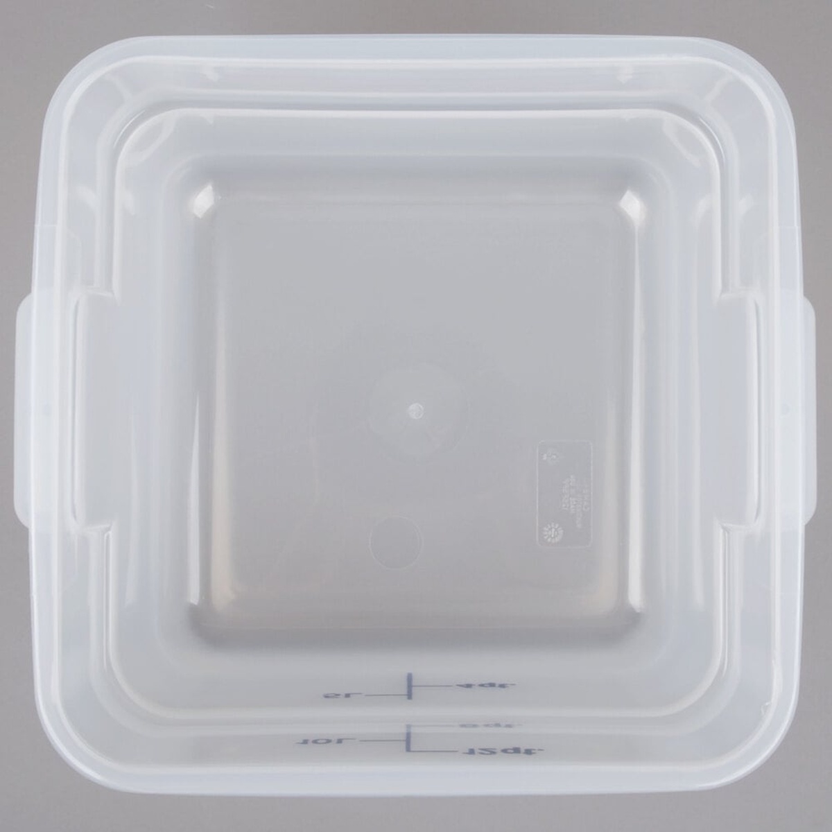 Top-down view of Cambro 12SFSPP190 translucent square food storage container showing open interior and corner handles