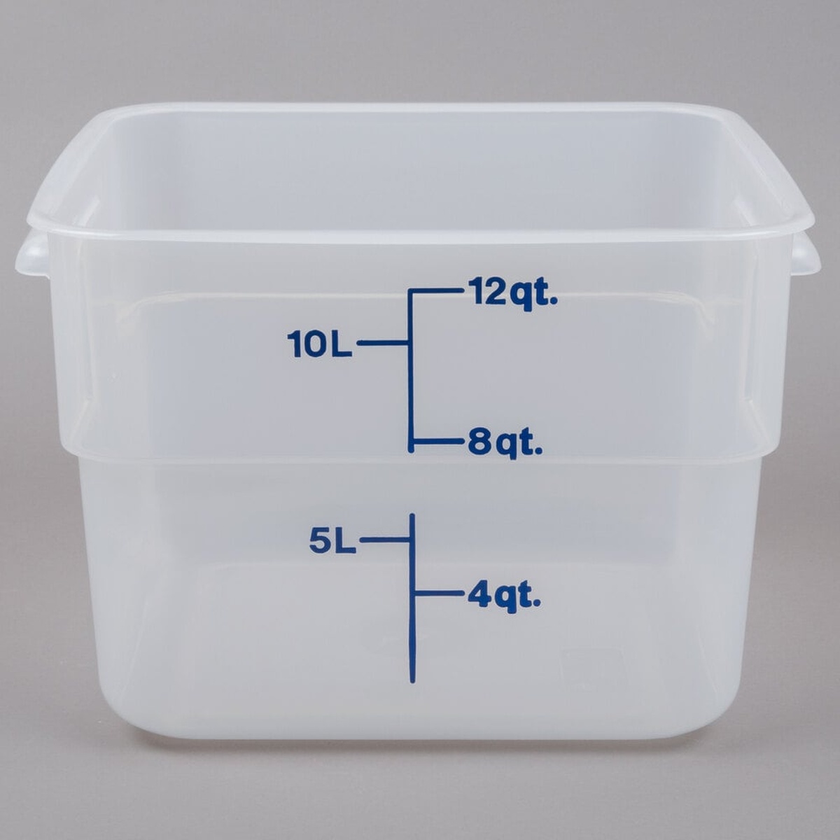 Cambro 12SFSPP190 translucent square polypropylene container viewed from above at an angle showing deep interior and side handles