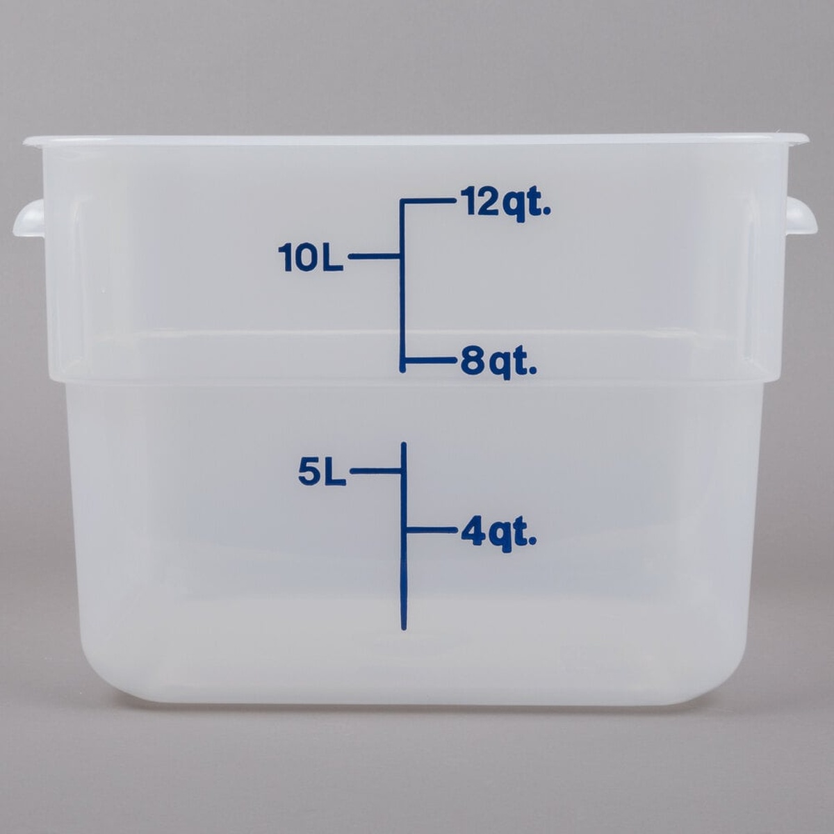 Cambro 12SFSPP190 translucent square food storage container showing midnight blue quart and liter graduation markings on side