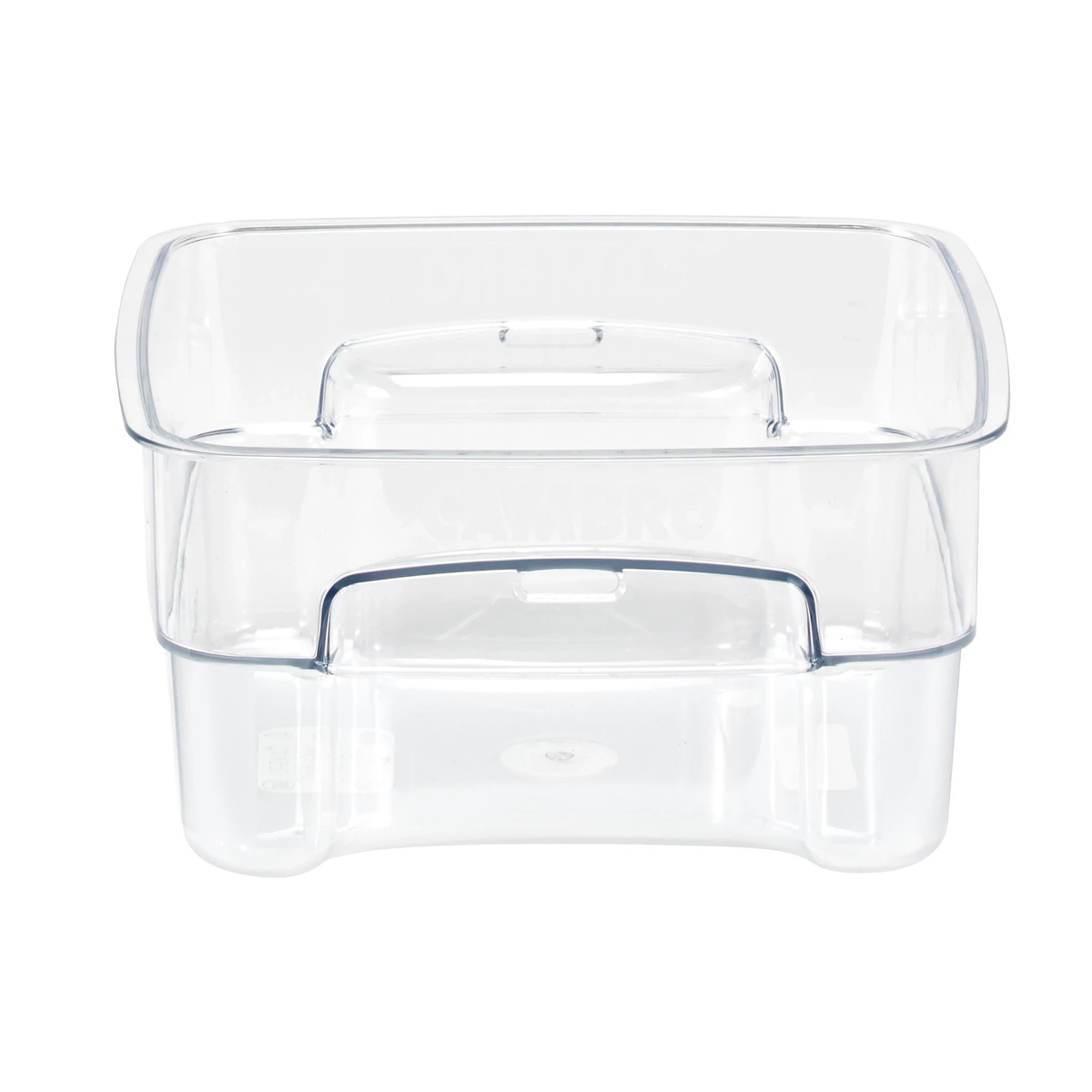 Front view of clear square polycarbonate container with recessed handles