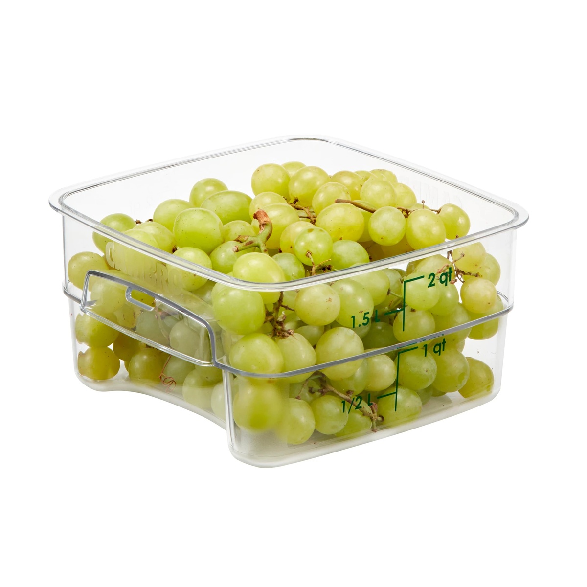 Clear square food storage container holding green grapes