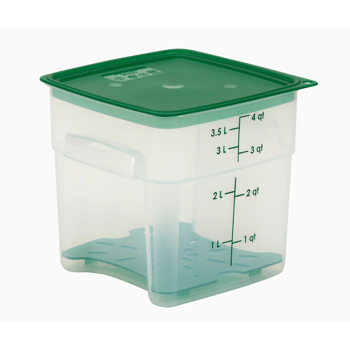 Square translucent container shown with a drain shelf insert at the bottom