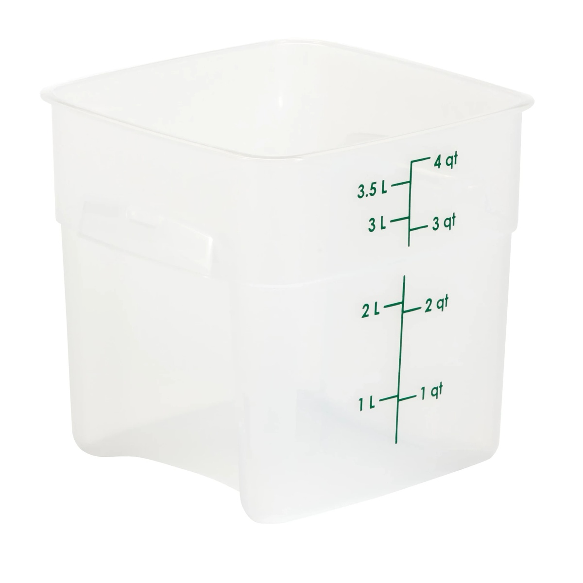 Translucent square food storage container with molded handles and printed quart and liter graduations