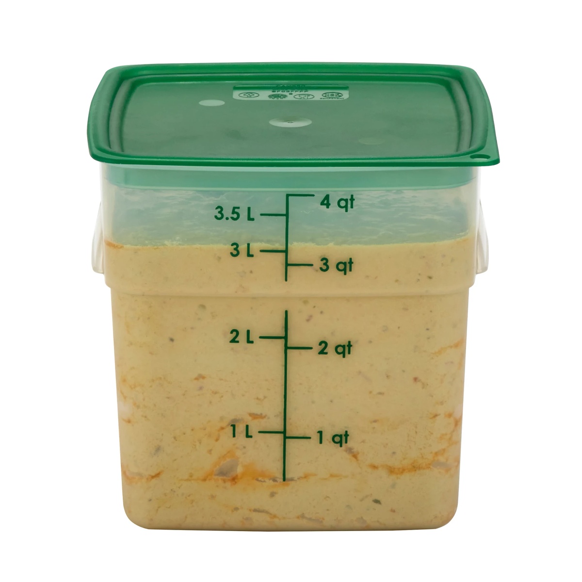 Translucent square container filled with food and topped with a square lid