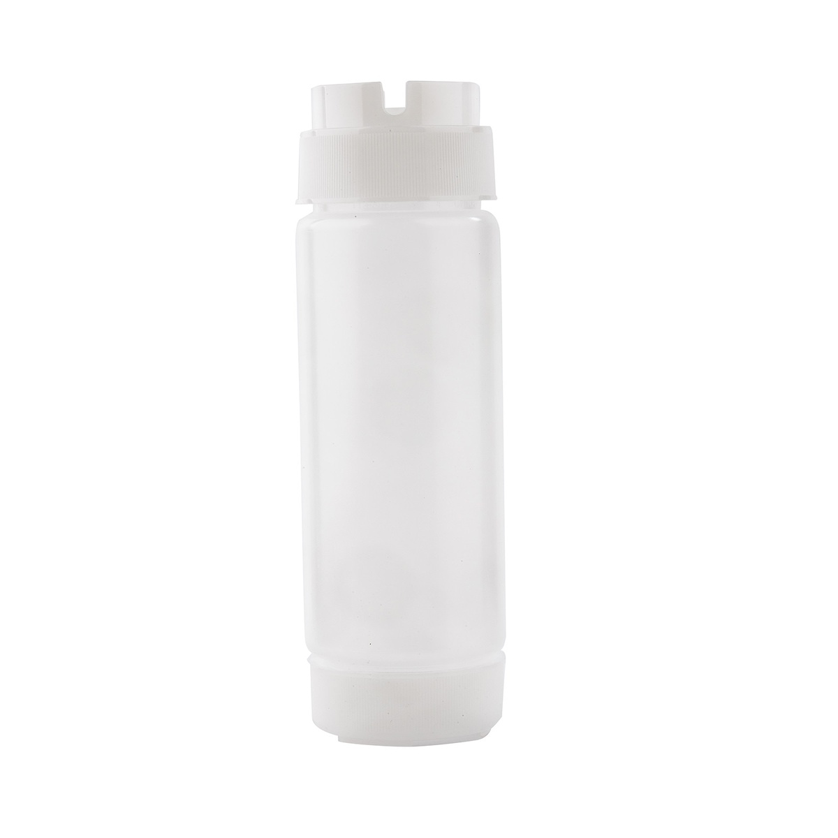 TableCraft 12SV InvertaTop 12 oz clear squeeze bottle with white ValveTop cap, shown upright on white background