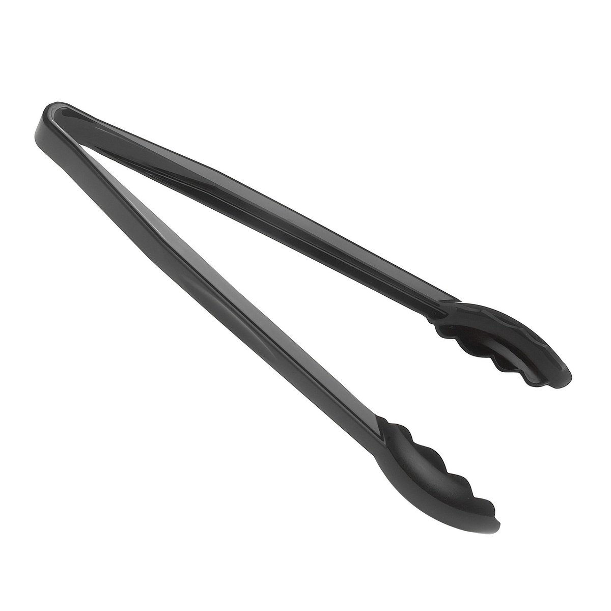 Cambro 12TGS110 black polycarbonate scalloped tongs, 12 inches, on white background