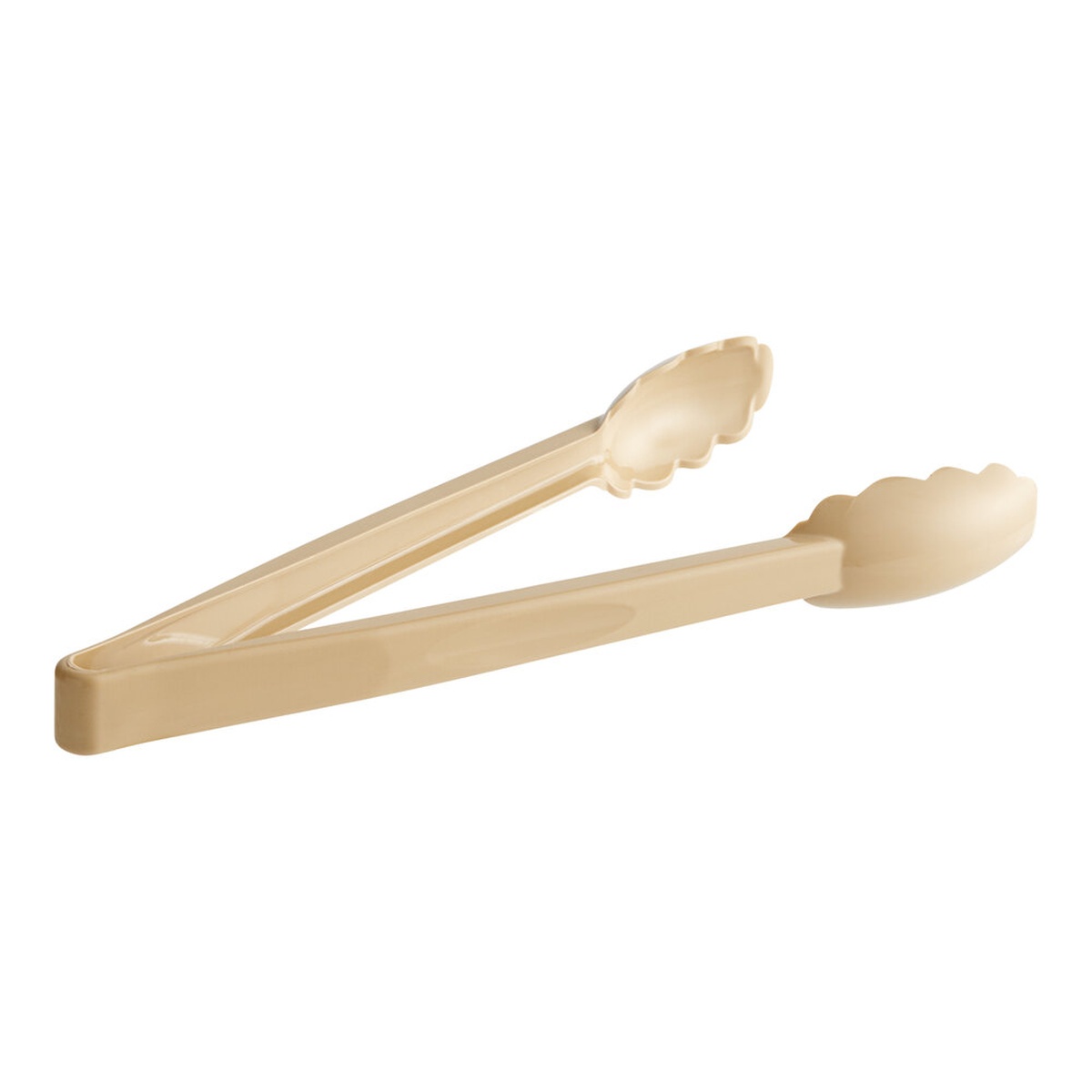 Cambro 12TGS133 beige plastic scallop grip tongs, 12-inch length, shown from above on white background