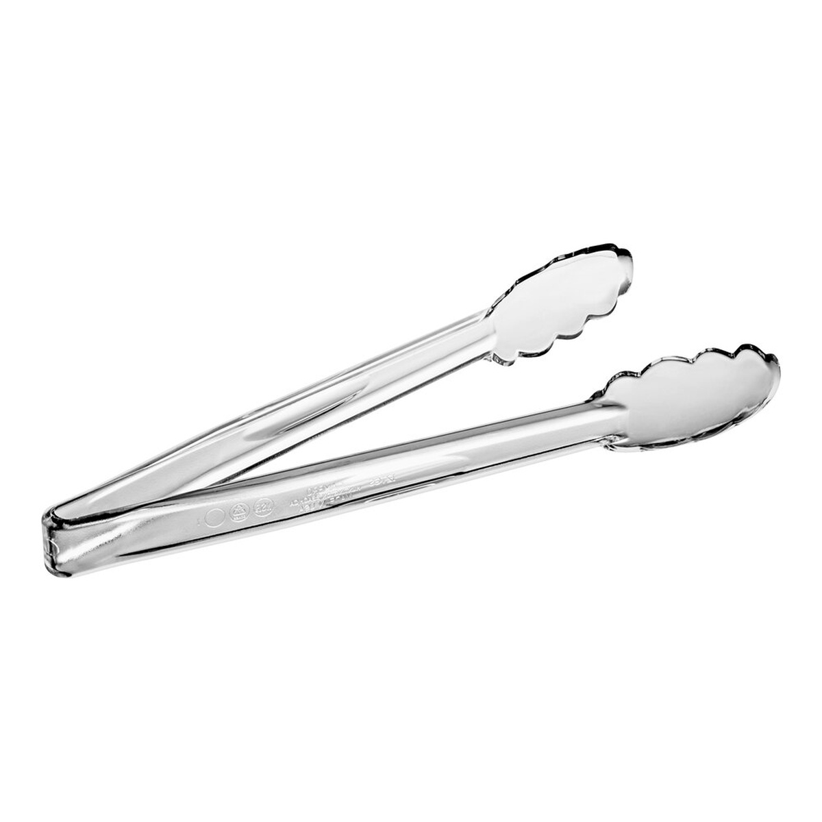 Cambro 12TGS135 Lugano 12-inch clear scallop grip plastic tongs on white background
