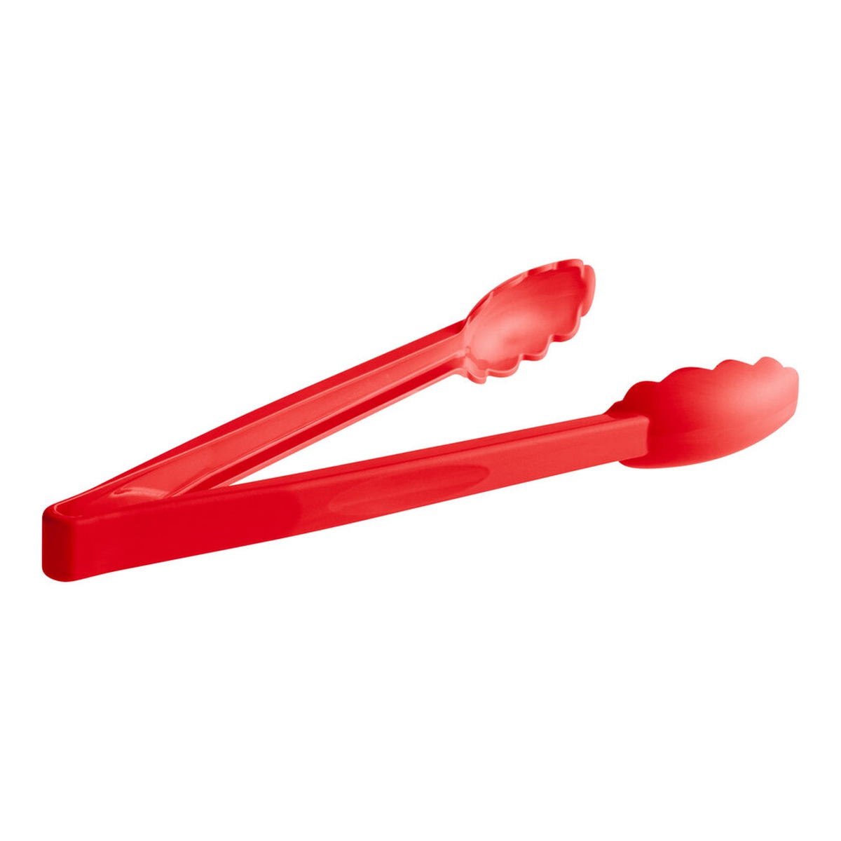Cambro 12TGS404 Lugano 12-inch red scallop grip plastic tongs on white background