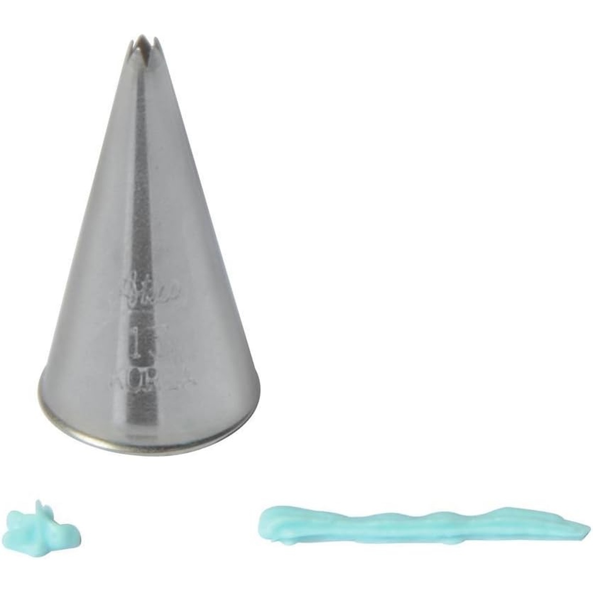 Ateco #13 piping tip shown alongside piped icing examples including a small star and a zigzag stripe in light blue