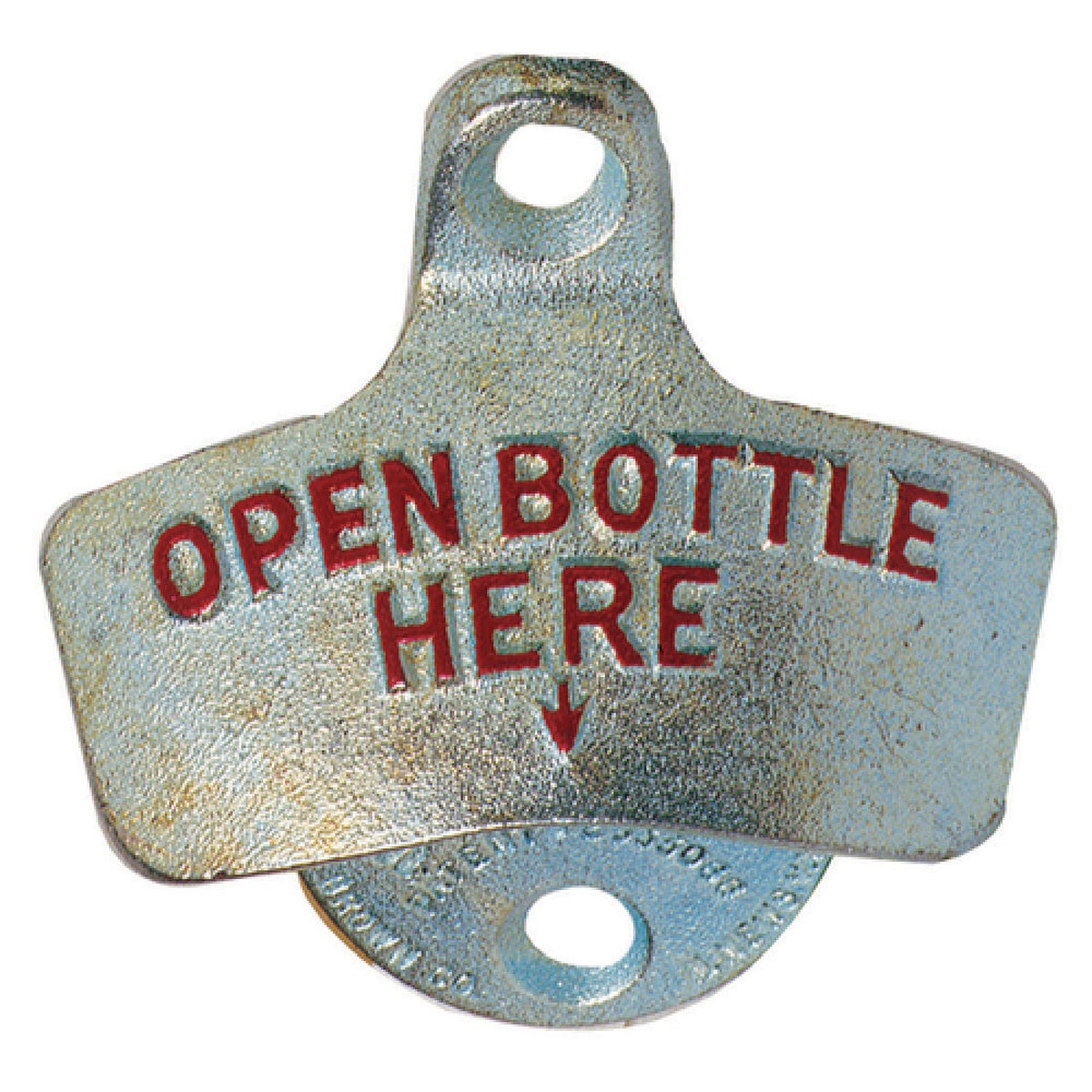 Spill-Stop 13-300 Starr X wall-mounted die-cast zinc bottle opener with 'Open Bottle Here' embossed text