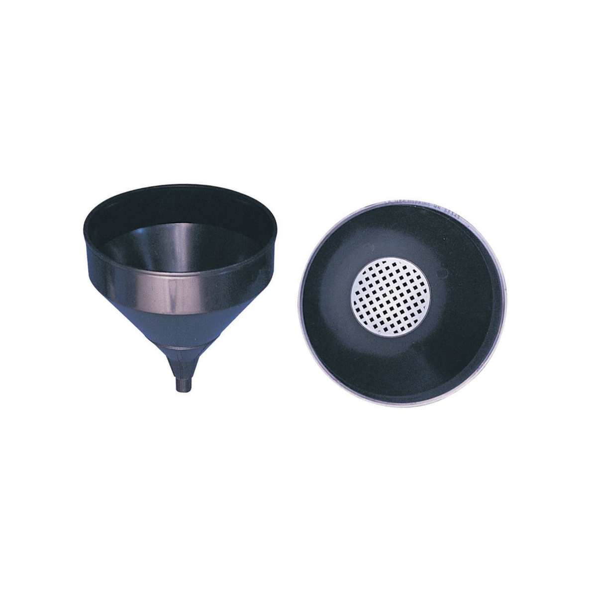 Spill-Stop 13-803 black polyethylene drain funnel shown from side angle and top-down view displaying the metal screen insert