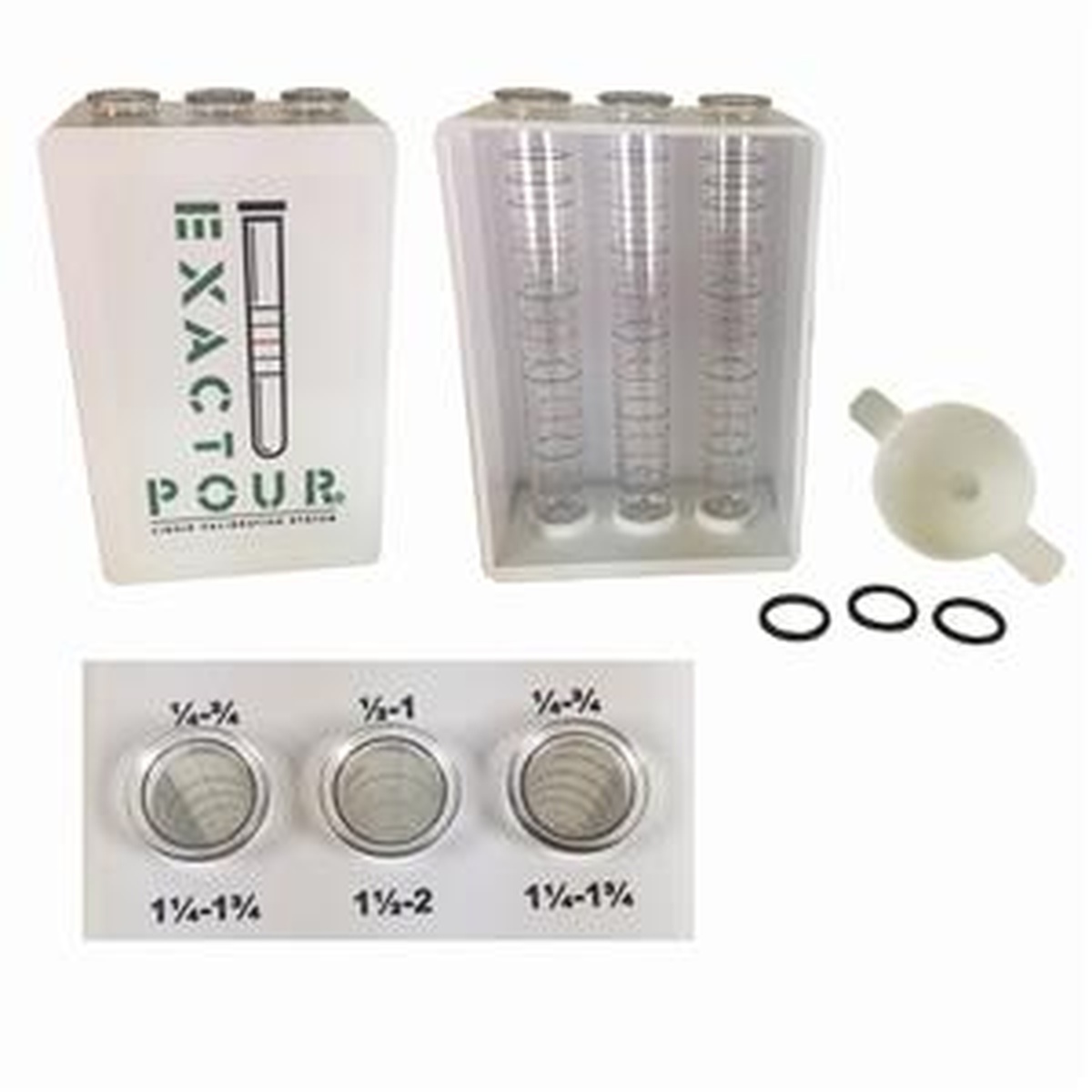 Spill-Stop 13-908 Exacto Pour Bar Test Kit showing plastic case, three calibrated measurement tubes, funnel, and o-rings