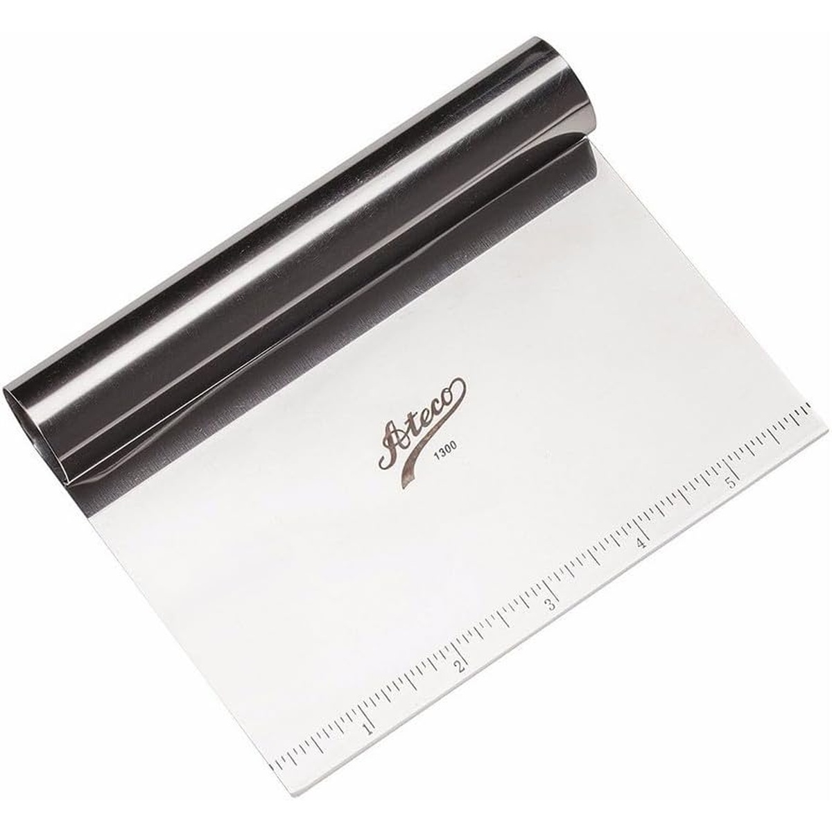 Ateco 1300 stainless steel bench scraper with rolled handle and measurement markings on blade