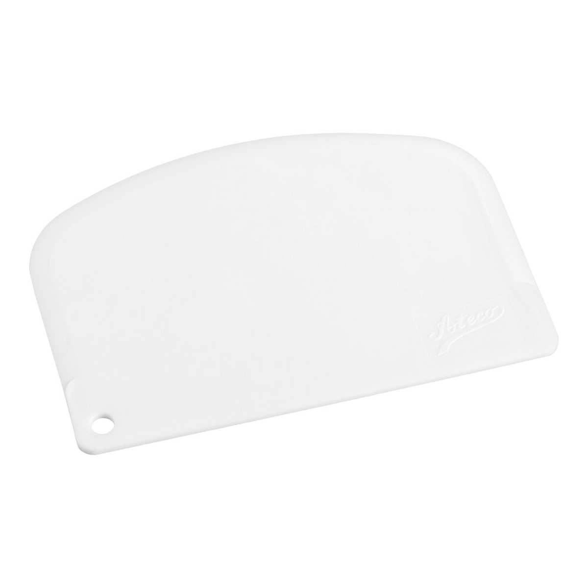 Ateco 1303 white flexible plastic bowl scraper with curved top edge and straight bottom edge, featuring a corner hanging hole and embossed Ateco logo