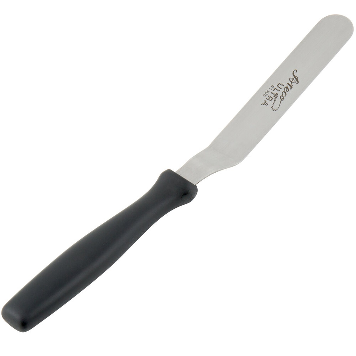 Ateco 1305 offset icing spatula with black plastic handle and stainless steel blade on white background