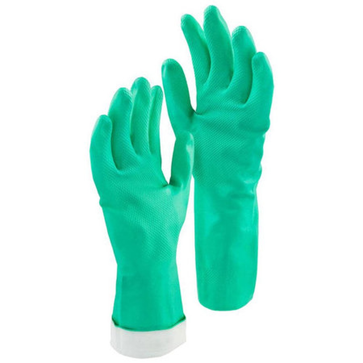 Pair of green Libman Commercial 1317 reusable nitrile gloves, small size, shown front and back