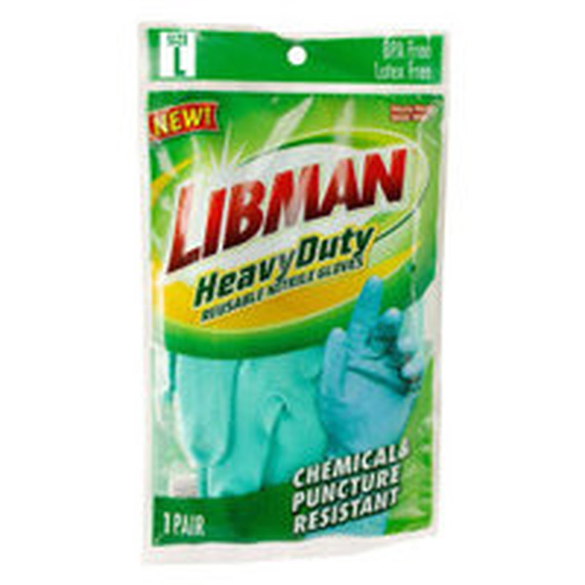 Libman Heavy Duty nitrile gloves retail packaging showing chemicals and puncture resistant labeling