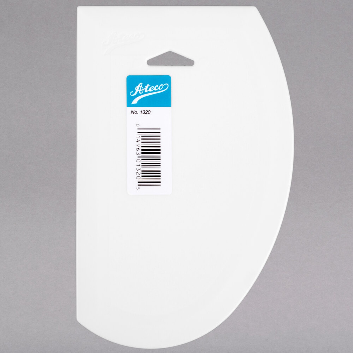 Ateco 1320 white plastic large bowl scraper with curved and straight edges, shown with Ateco product label