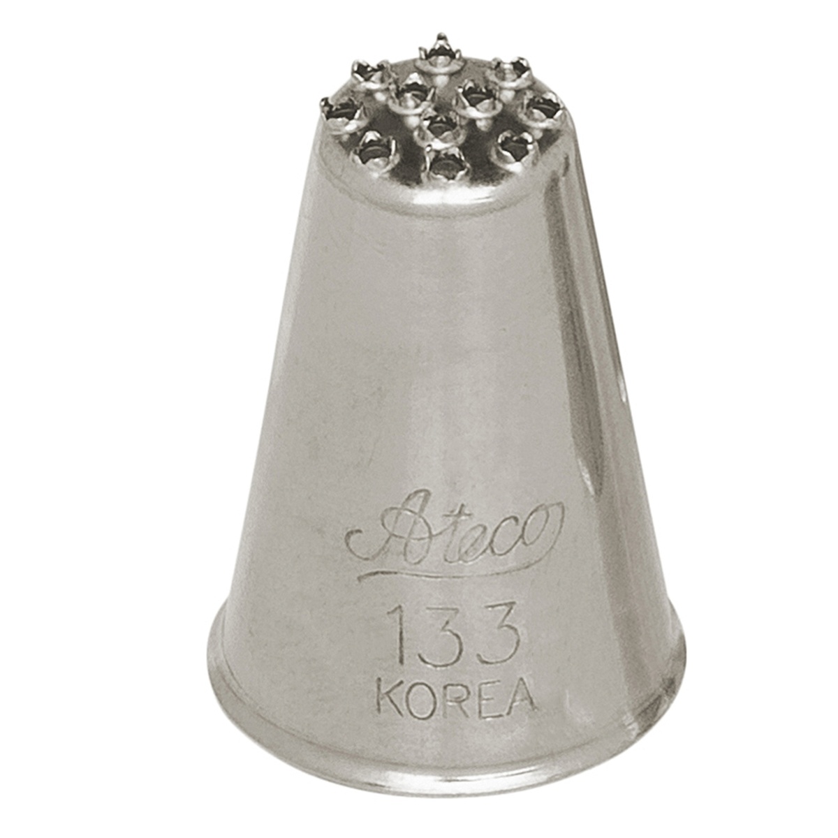 Ateco #133 stainless steel multi-hole grass pastry tube showing multiple small openings at the tip, engraved with Ateco branding and 133 Korea markings