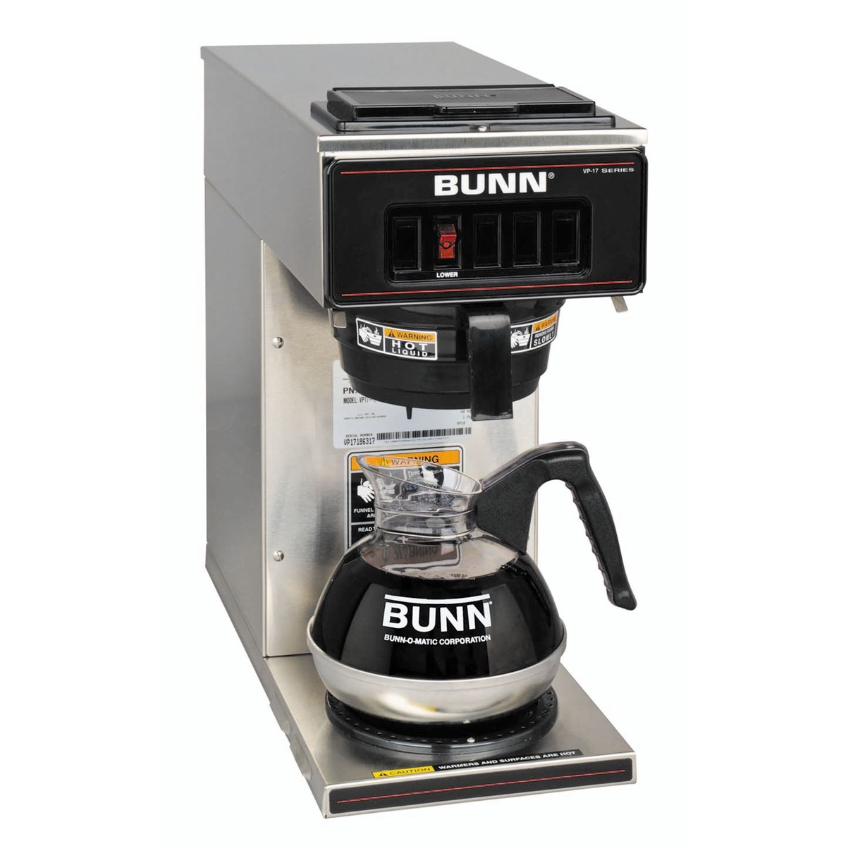 BUNN VP17-1 stainless steel pourover coffee brewer with glass decanter carafe on lower warmer