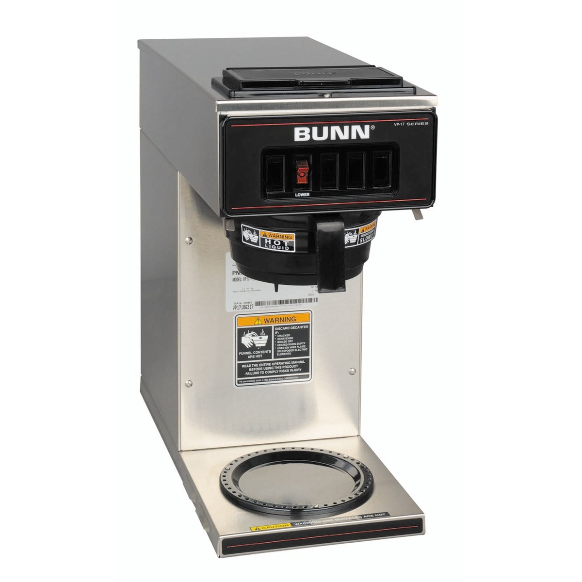 BUNN VP17-1 stainless steel pourover coffee brewer with single lower warmer, angled view without carafe
