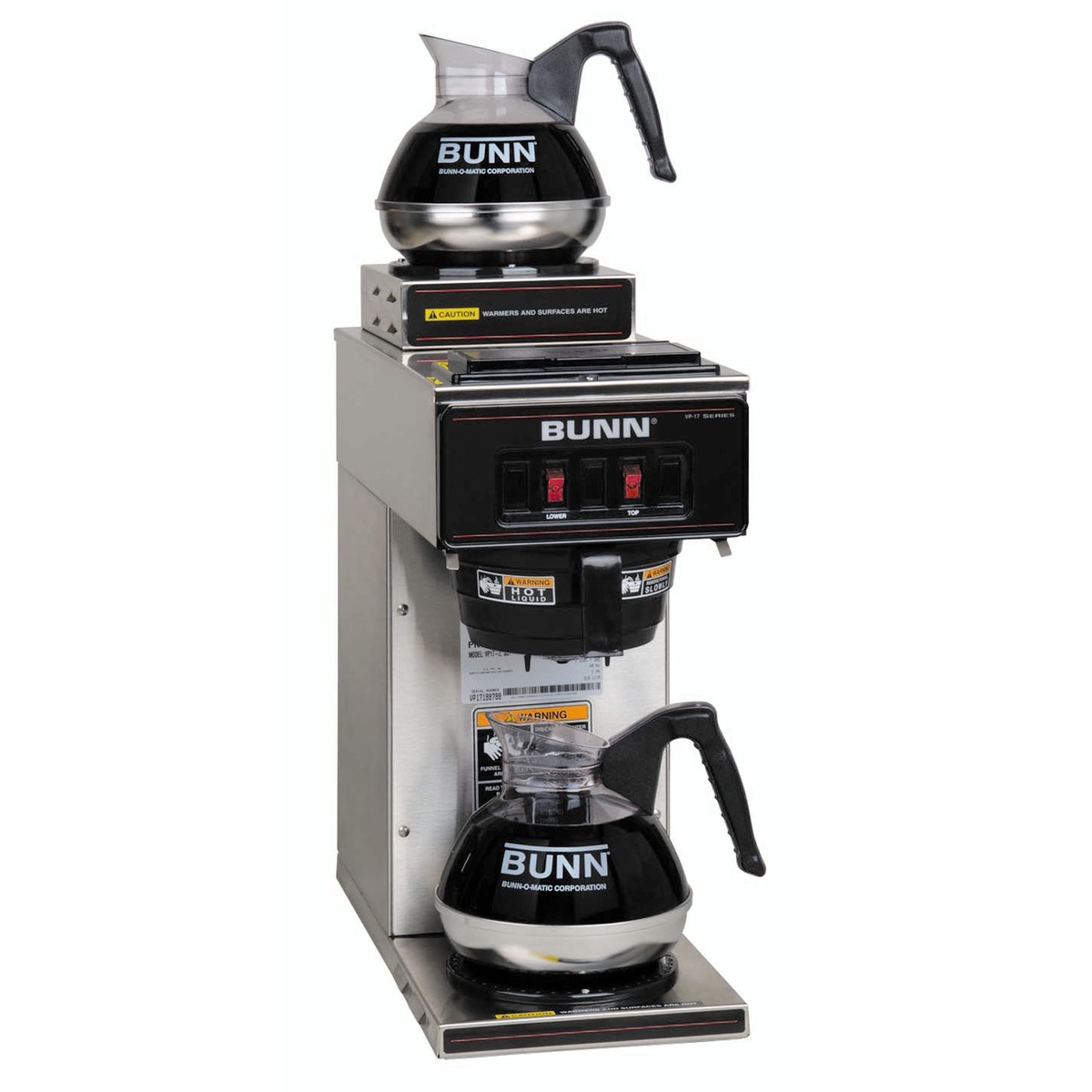 BUNN VP17-2 stainless steel pourover coffee brewer shown with two glass carafes on upper and lower warmers