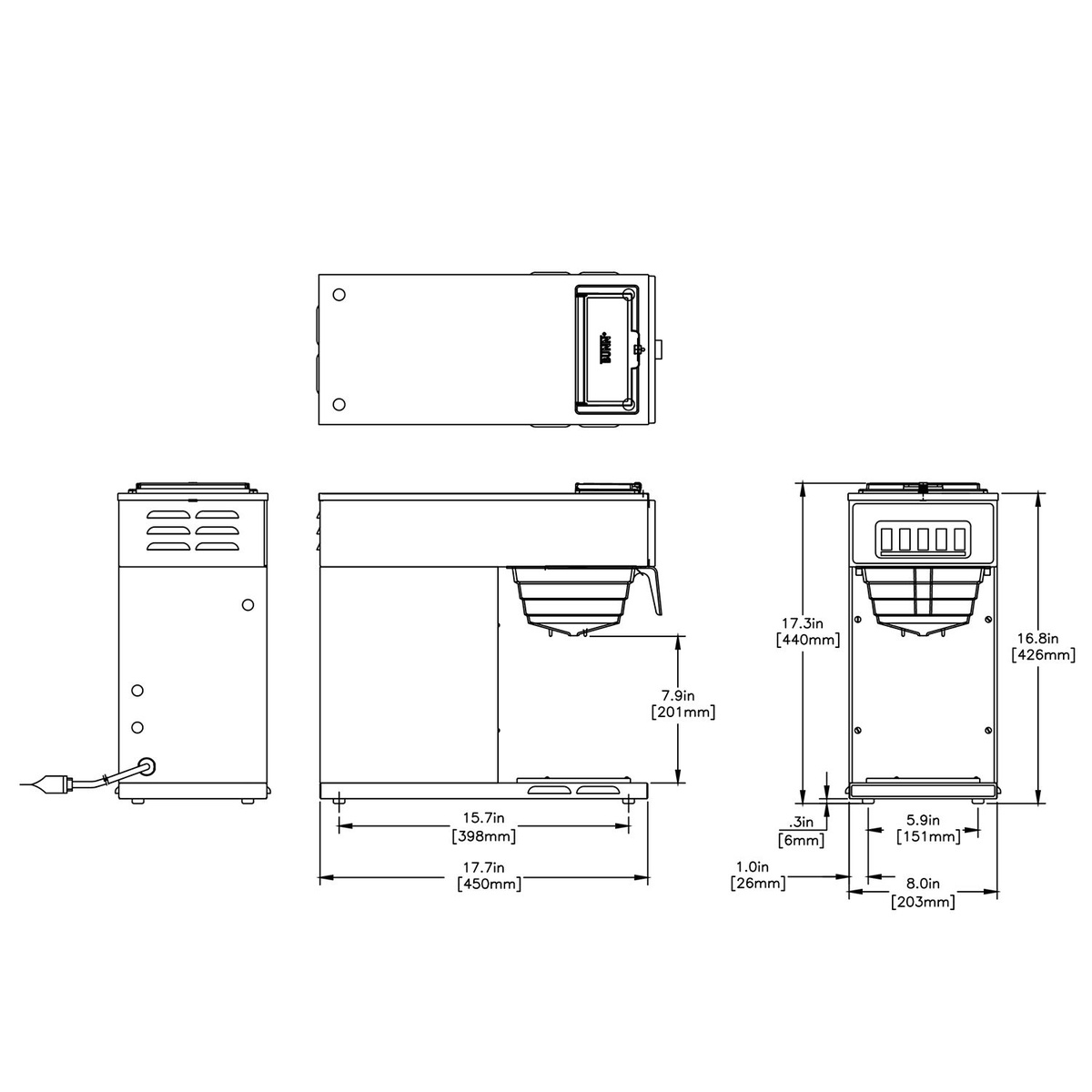 Bunn VP17-1 technical dimension diagram showing top, side, and front views with measurements in inches and millimeters
