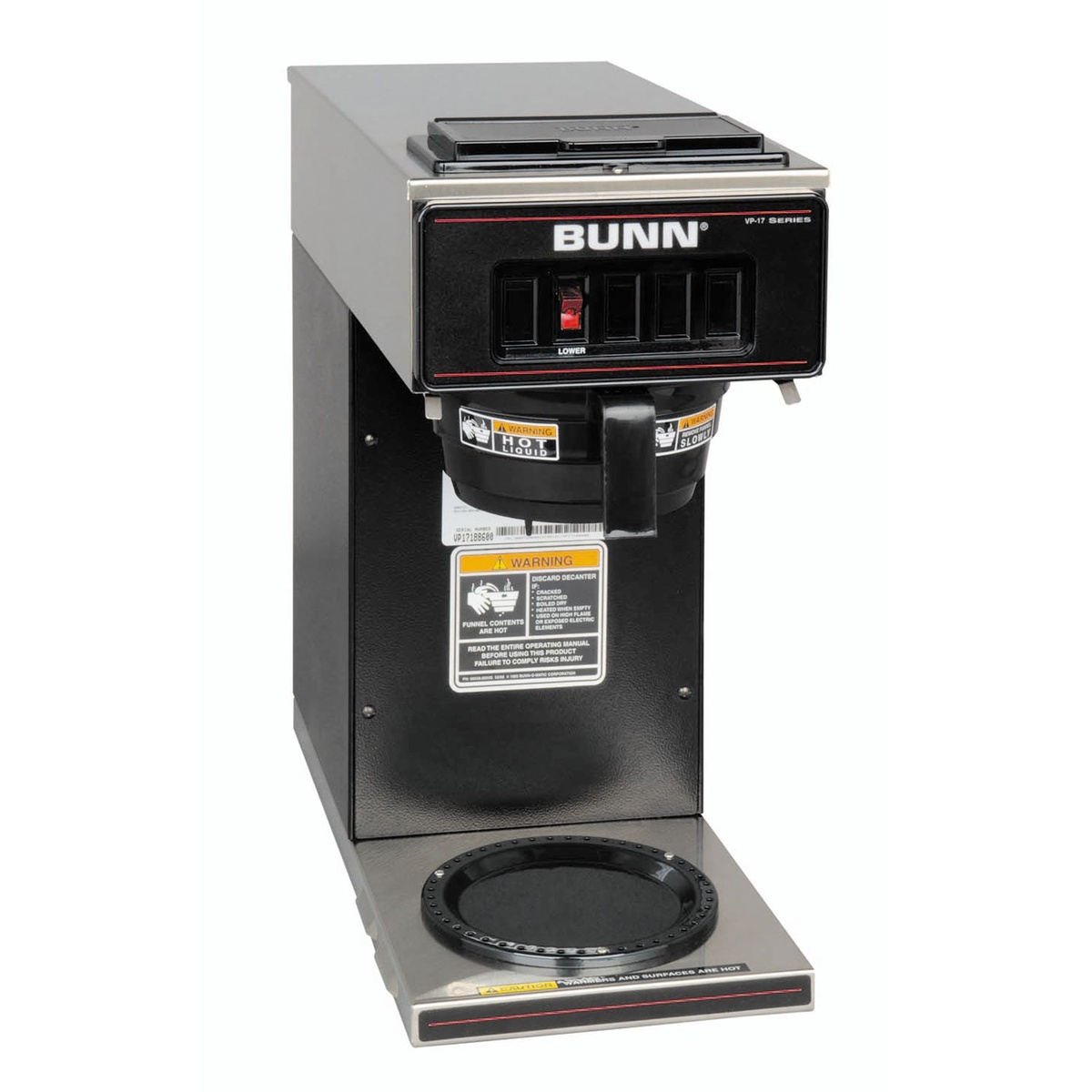 Bunn VP17-1 BLK black pourover coffee brewer with one lower warmer, front three-quarter view on white background