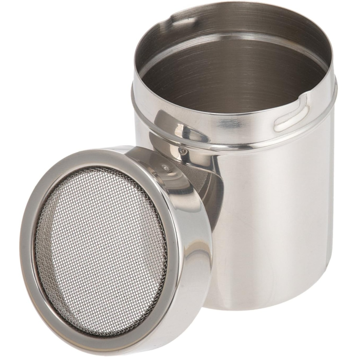 Ateco 1347 stainless steel shaker with fine mesh lid removed, showing open canister interior