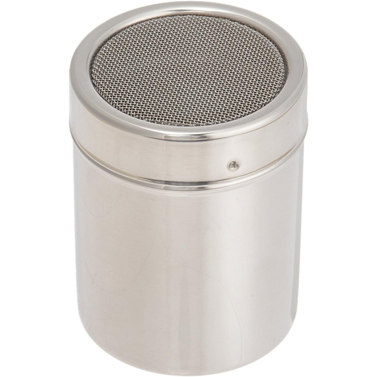Ateco 1347 stainless steel shaker with fine mesh top, assembled view from above