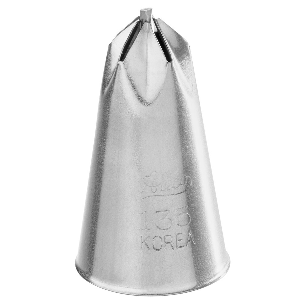 Ateco 135 stainless steel drop flower piping tip showing multi-petal tip opening