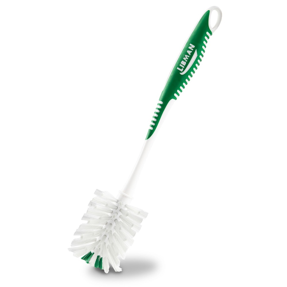 Libman 1352 soft bottle brush with white PET bristles, green stiff tip bristles, and green dual-molded ergonomic handle with hanger hole