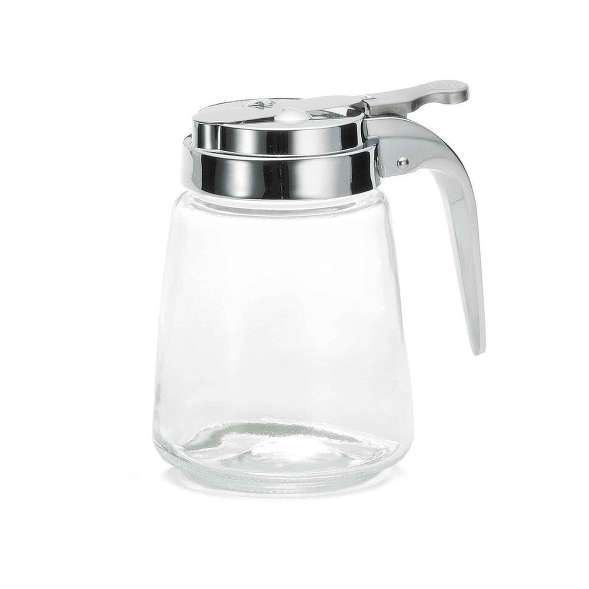 TableCraft Products 1370 8 oz clear glass syrup dispenser with chrome plated metal top and thumb-control lever on white background
