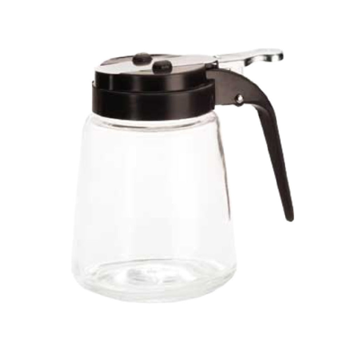Tablecraft 1370BKT black ABS replacement top shown mounted on a glass syrup dispenser with handle