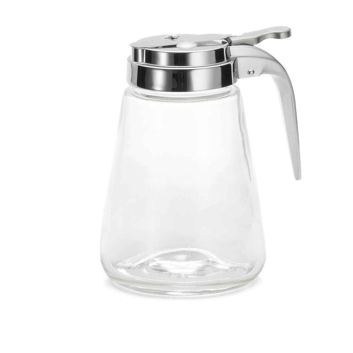 Tablecraft 1371 12 oz glass syrup dispenser with chrome-plated metal top and thumb-lever handle