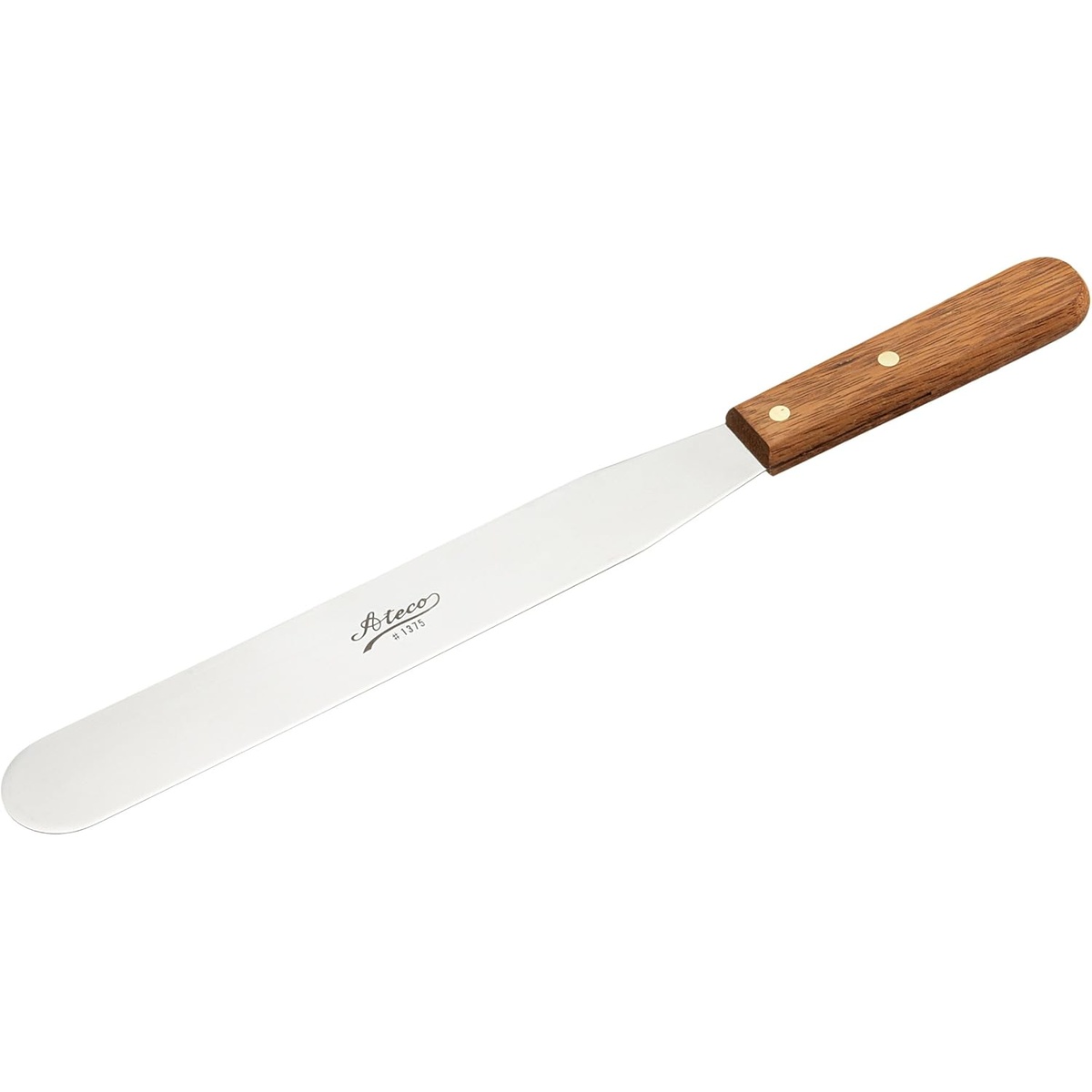 Ateco 1375 straight icing spatula with 10-inch stainless steel blade and natural wood handle secured by two rivets