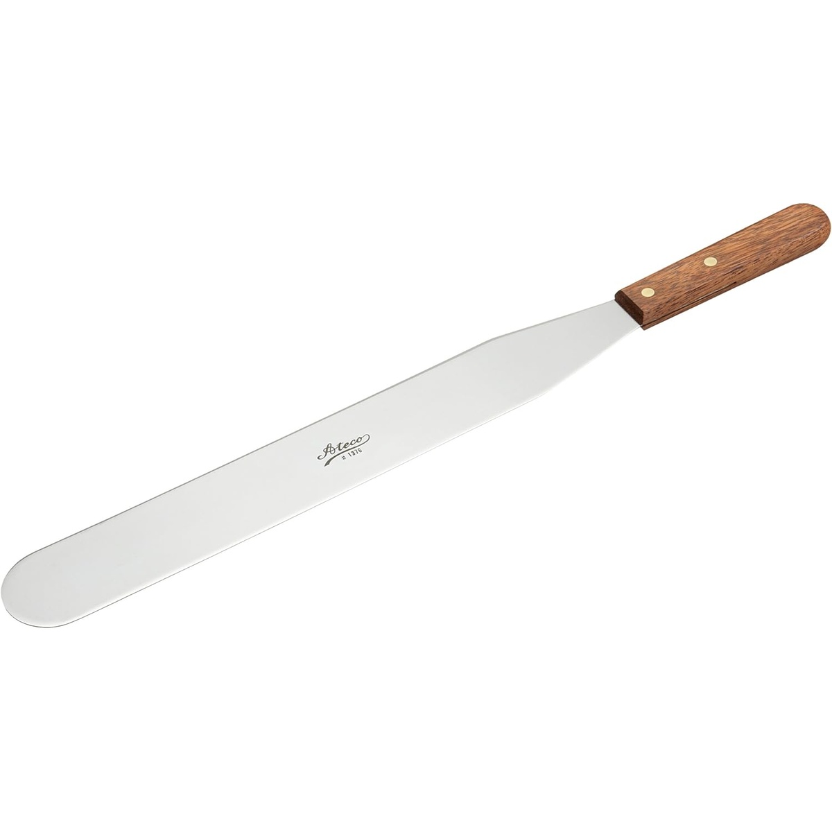 Ateco 1376 straight icing spatula with 14-inch stainless steel blade and natural wood handle secured by brass rivets